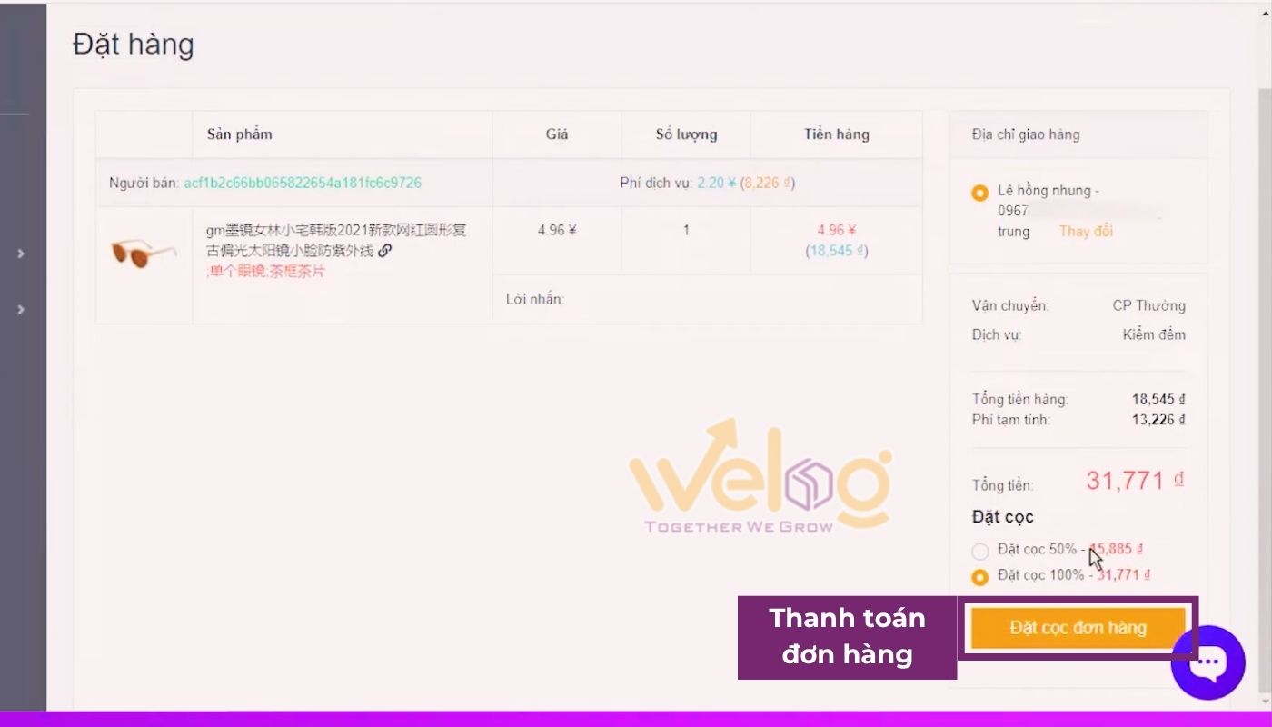 Thanh toán tiền cọc đơn hàng