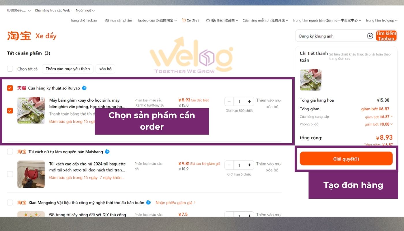 Vào giỏ hàng, chọn sản phẩm cần đặt và tạo đơn