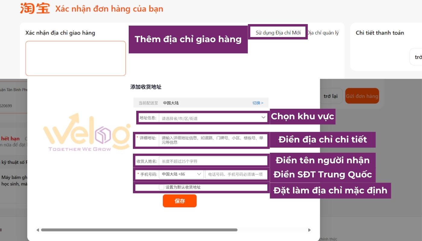 Bước 5: Thêm địa chỉ nhận hàng tại khu vực Trung Quốc