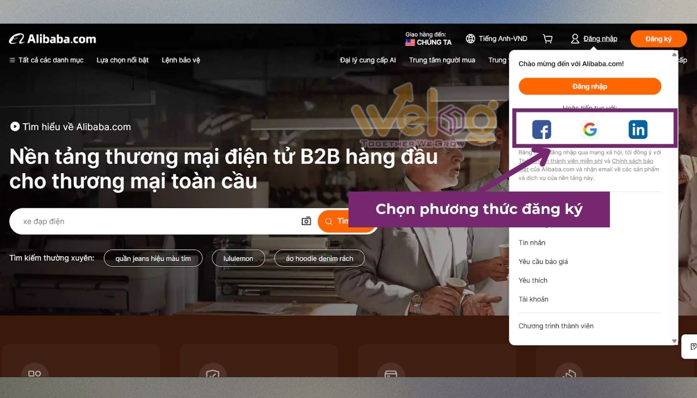 Đăng ký tài khoản order Alibaba nhanh bằng tài khoản mạng xã hội