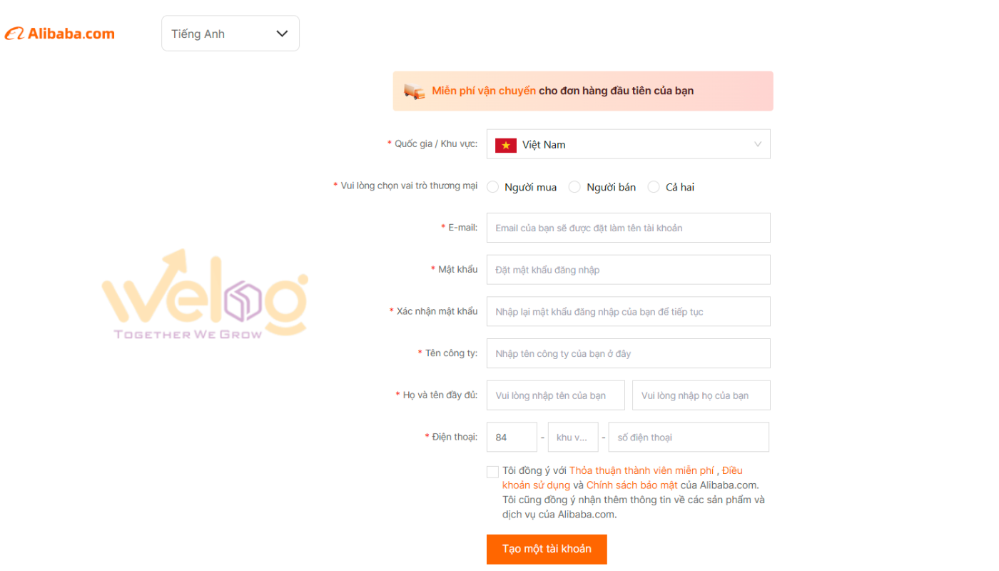 Điền thông tin đăng ký tài khoản Alibaba
