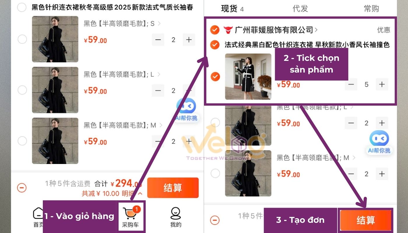 Vào giỏ hàng, chọn sản phẩm và tạo đơn hàng​