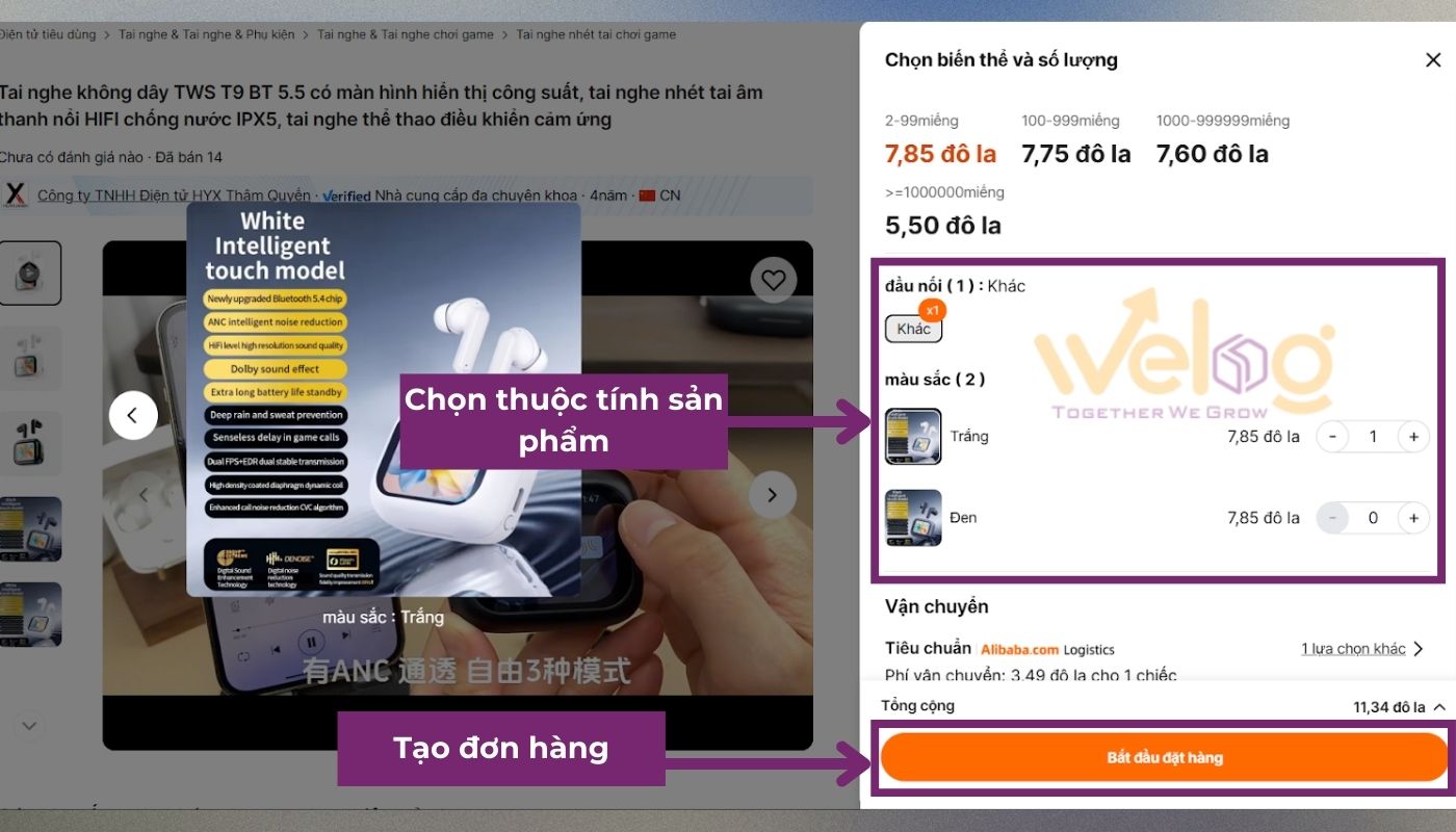 Chọn thuộc tính và xác nhận tạo đơn đặt hàng