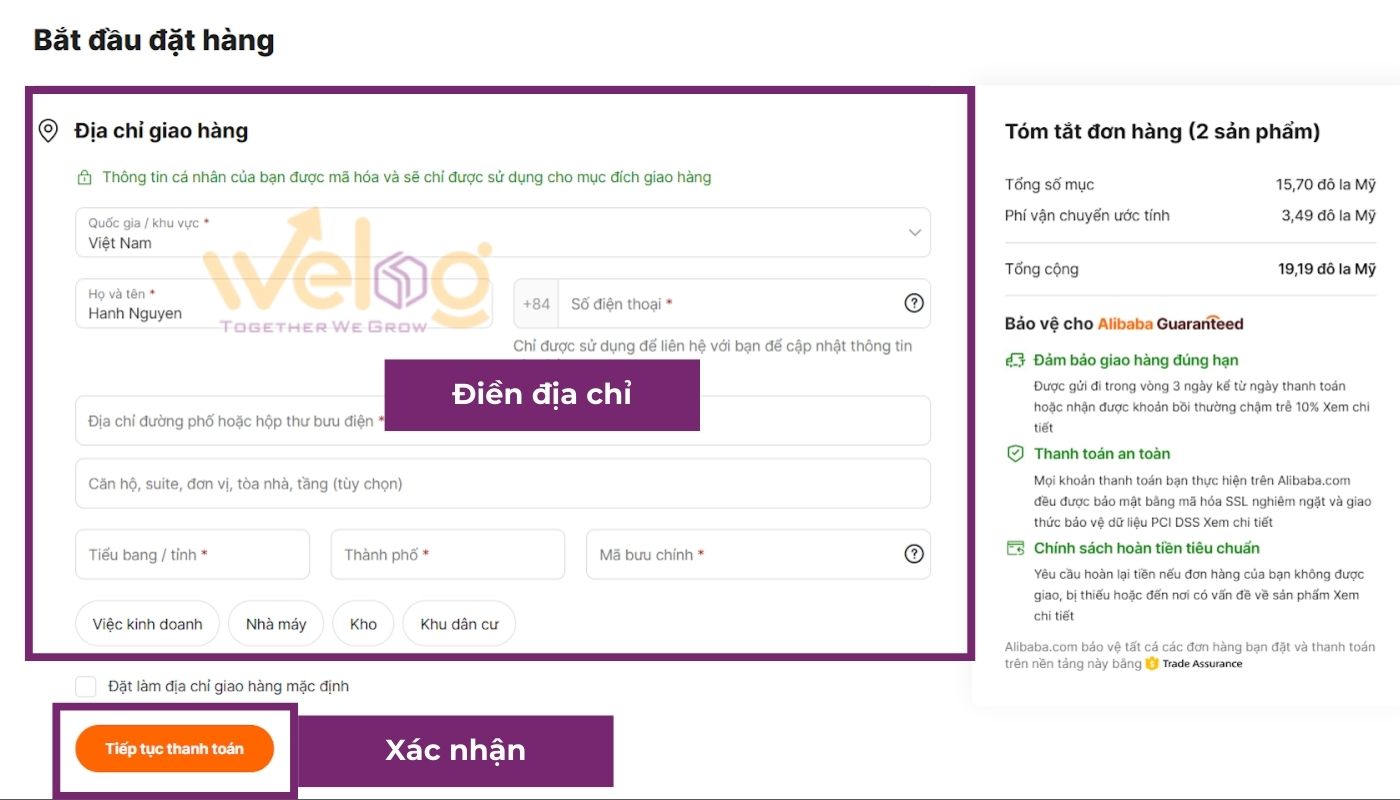 Điền thông tin địa chỉ giao nhận hàng chính xác