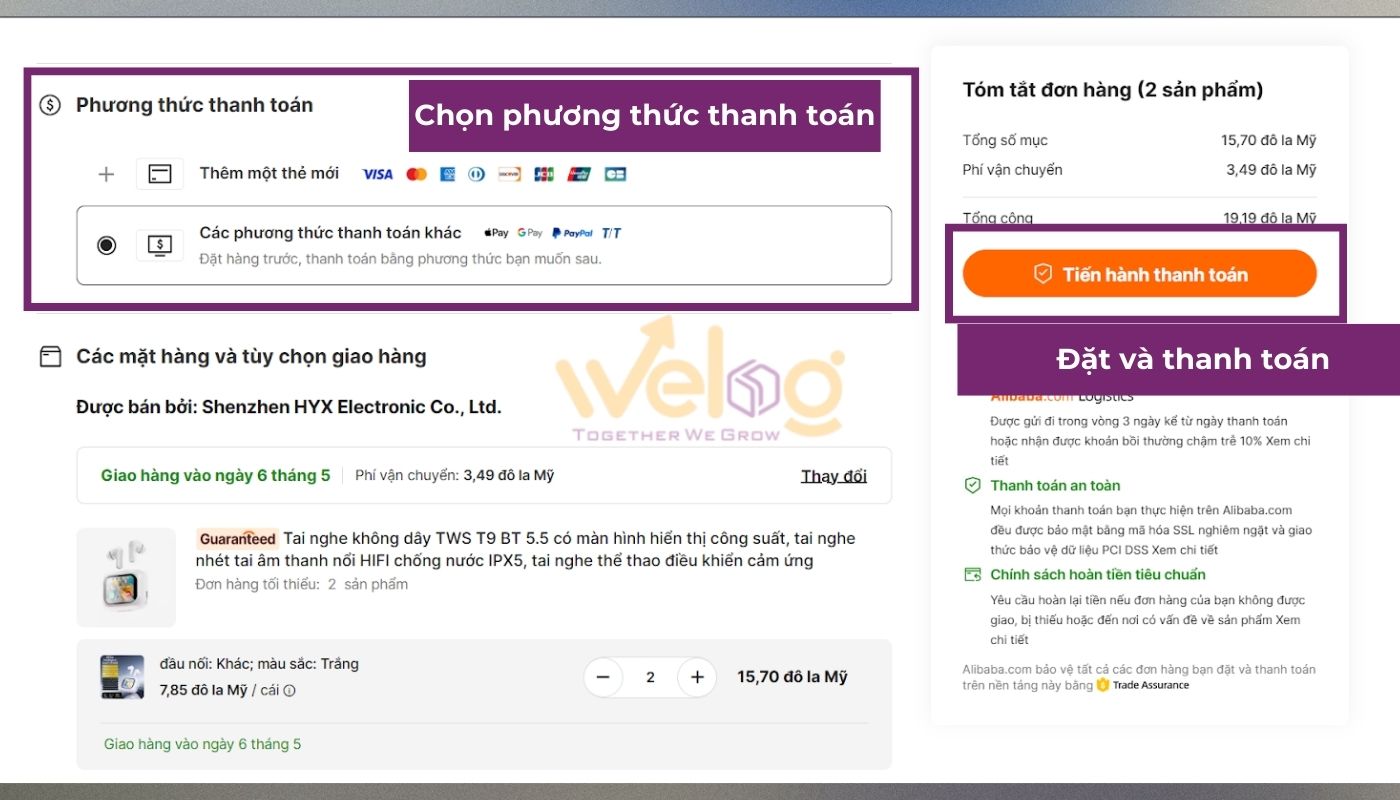 Chọn phương thức thanh toán và đặt hàng