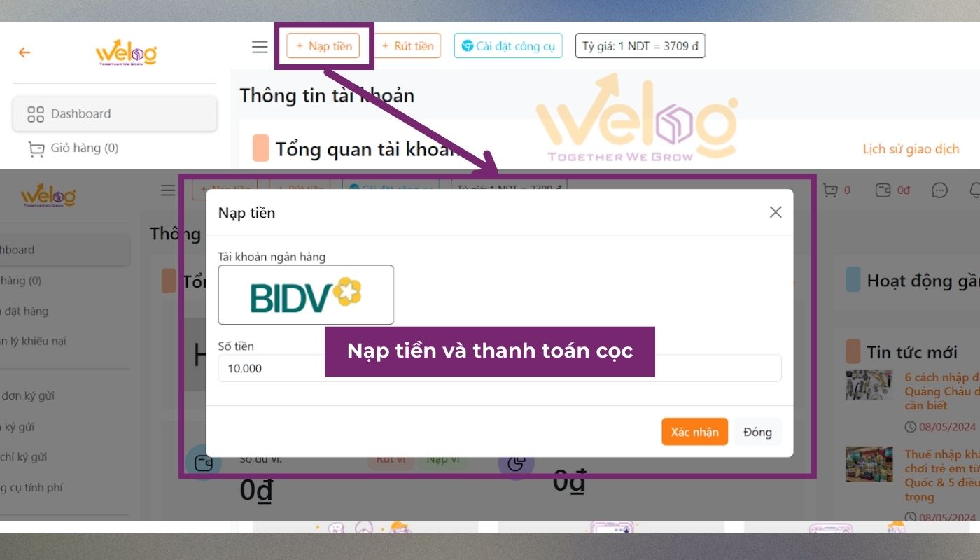 Nạp tiền vào ví WeLog để thanh toán đơn mua hộ hàng trên Alibaba