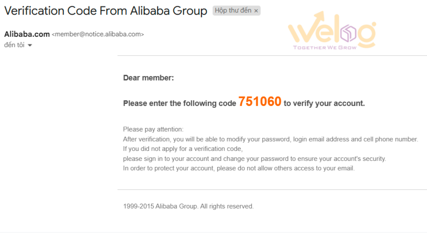 Vào email để lấy mã xác nhận kích hoạt tài khoản Alibaba đã đăng ký