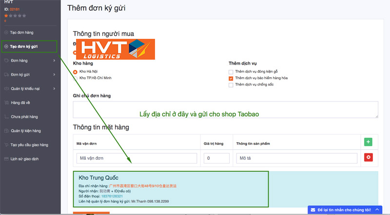 Lấy thông tin kho để vận chuyển hàng Taobao về TPHCM
