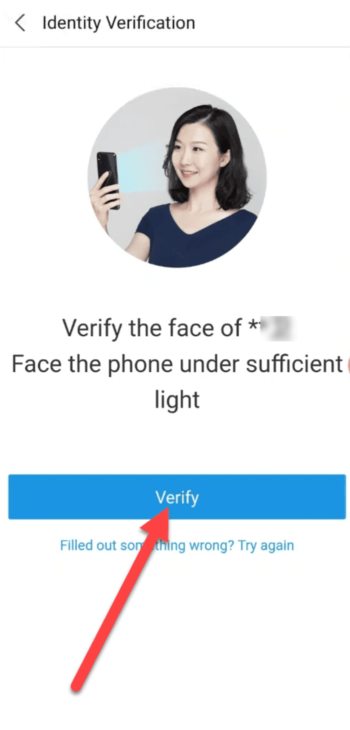 Nhấp vào “Verify” để xác minh khuôn mặt