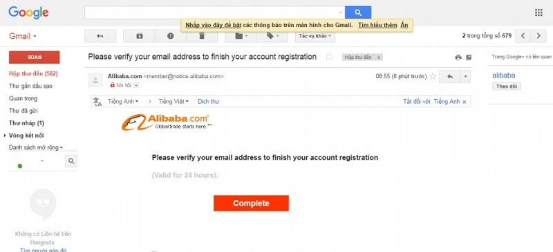 Kích hoạt tài khoản Alibaba tại Email