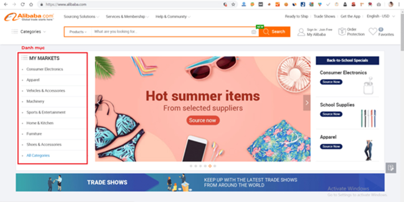 Bạn có thể tìm kiếm sản phẩm dựa vào bộ lọc được thiết kế ở bên trái website Alibaba