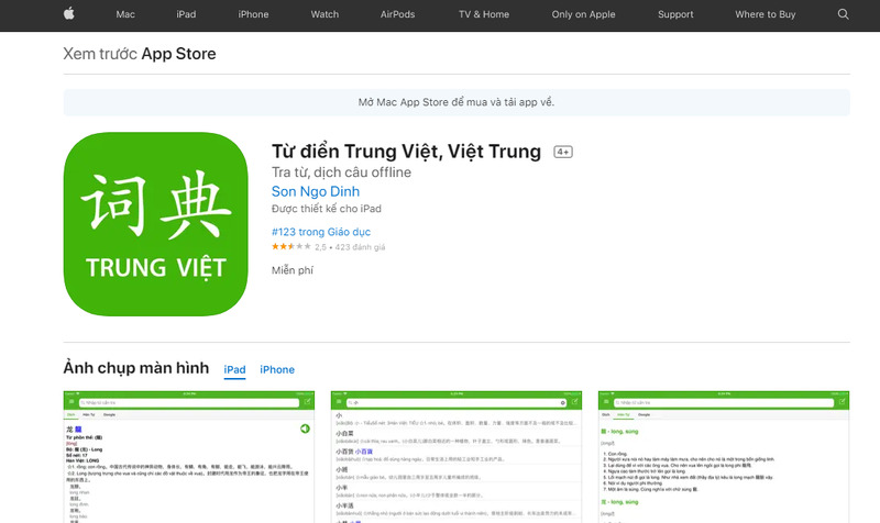 Tải app Từ Điển Trung Việt cho hệ điều hành iOS trên Apple Store