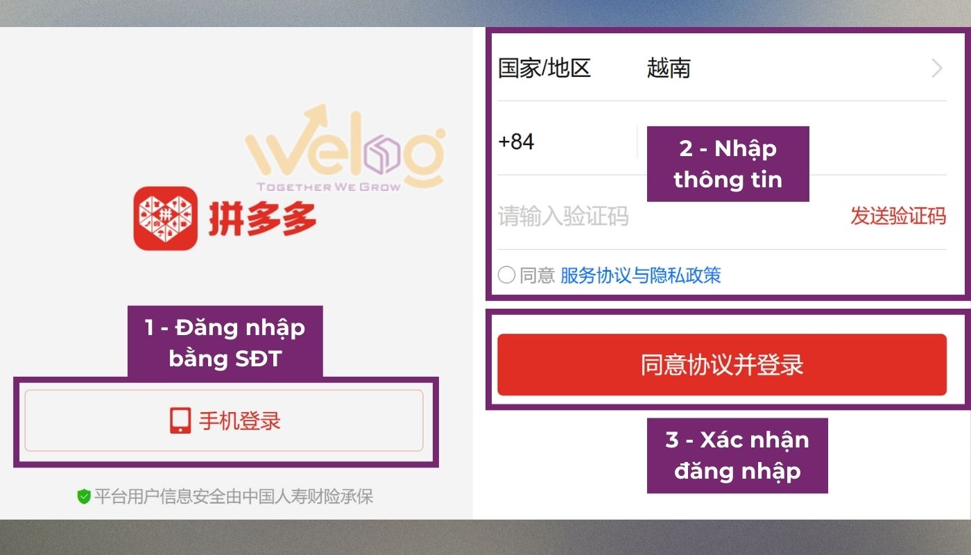 Đăng nhập tài khoản mua hàng Pinduoduo trên bản web mobile