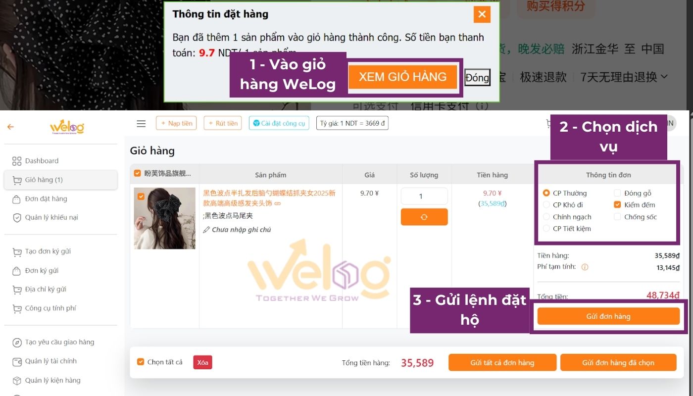 Chọn sản phẩm và nhấn “Gửi đơn hàng”