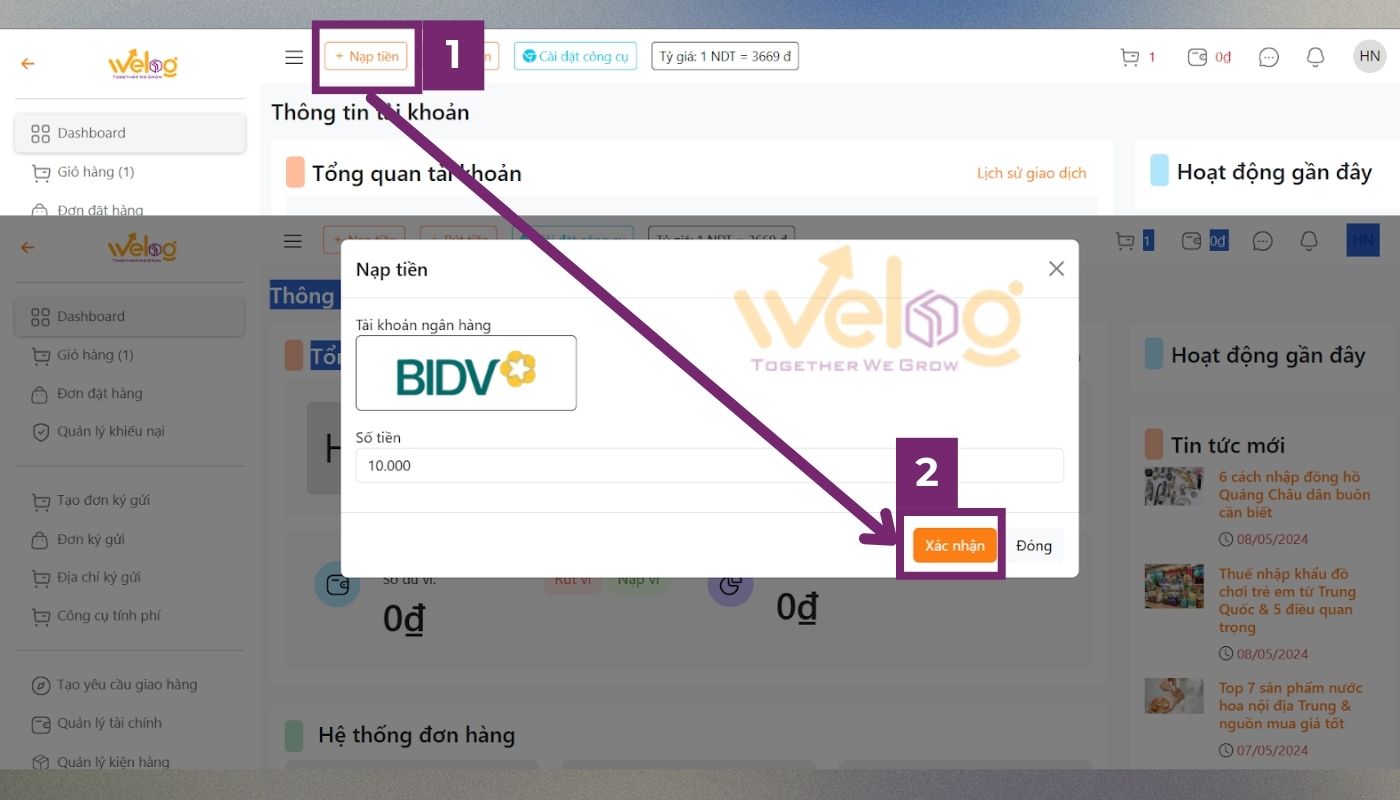 Bước 4: Nạp tiền vào ví Welog
