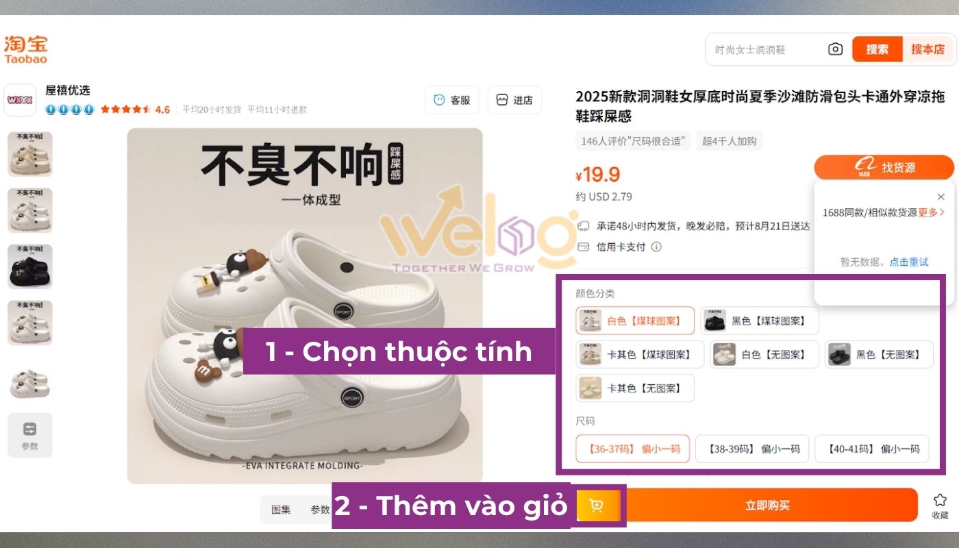 Chọn thuộc tính và thêm hàng vào giỏ