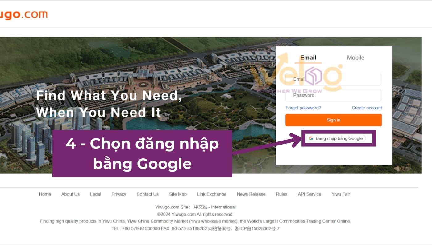 Đăng nhập bằng Google và hoàn tất quá trình tạo acc đặt hàng Yiwugo.com