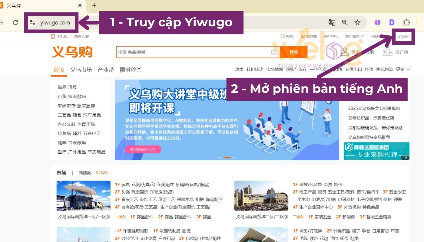 Truy cập trang order đồ Yiwugo và mở phiên bản tiếng Anh