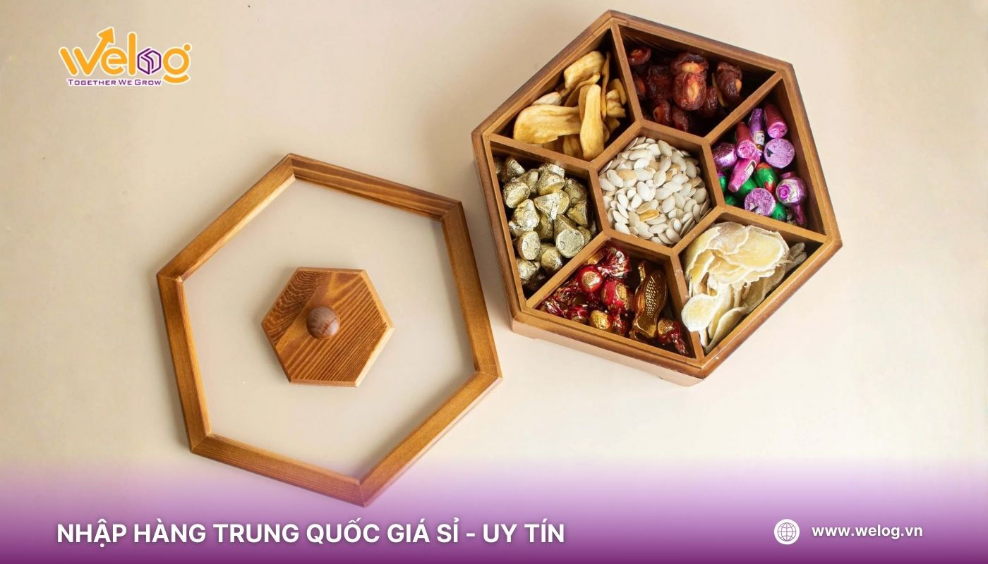 Khay mứt gỗ lục giác truyền thống đơn giản, tinh tế