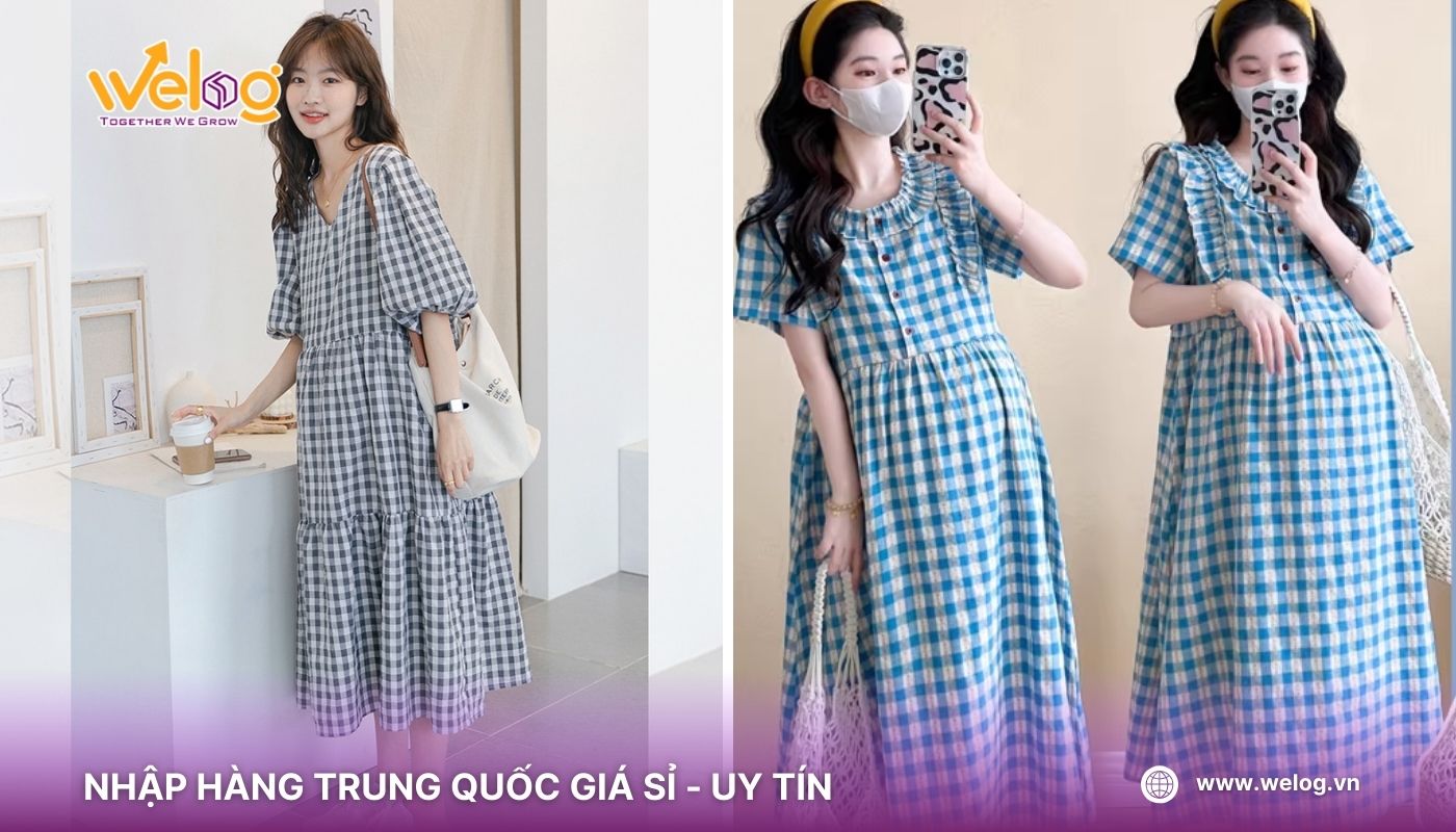 Mua sỉ đầm bầu Quảng Châu thiết kế caro vintage