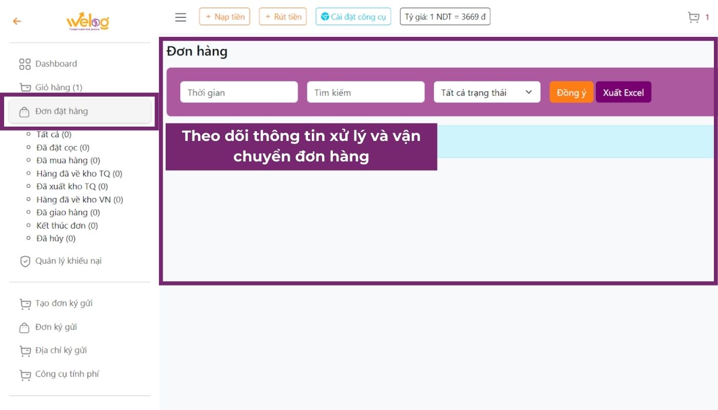 Vào mục 'Đơn đặt hàng' để theo dõi trạng thái vận chuyển của đơn hàng nhập hộ từ Taobao.com