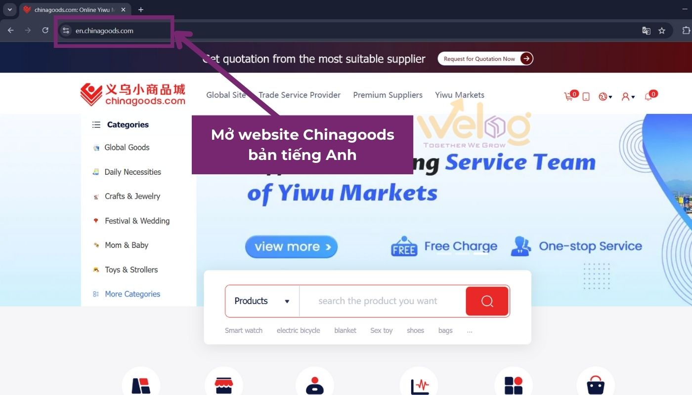 Vào website mua hàng Chinagoods bản tiếng Anh trên máy tính