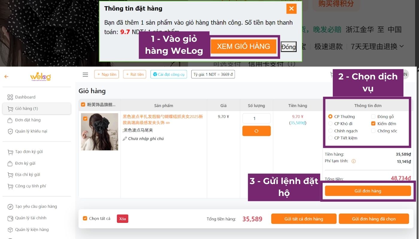 Truy cập giỏ hàng WeLog, kiểm tra thông tin và nhấn 'Gửi đơn hàng' để tiếp tục