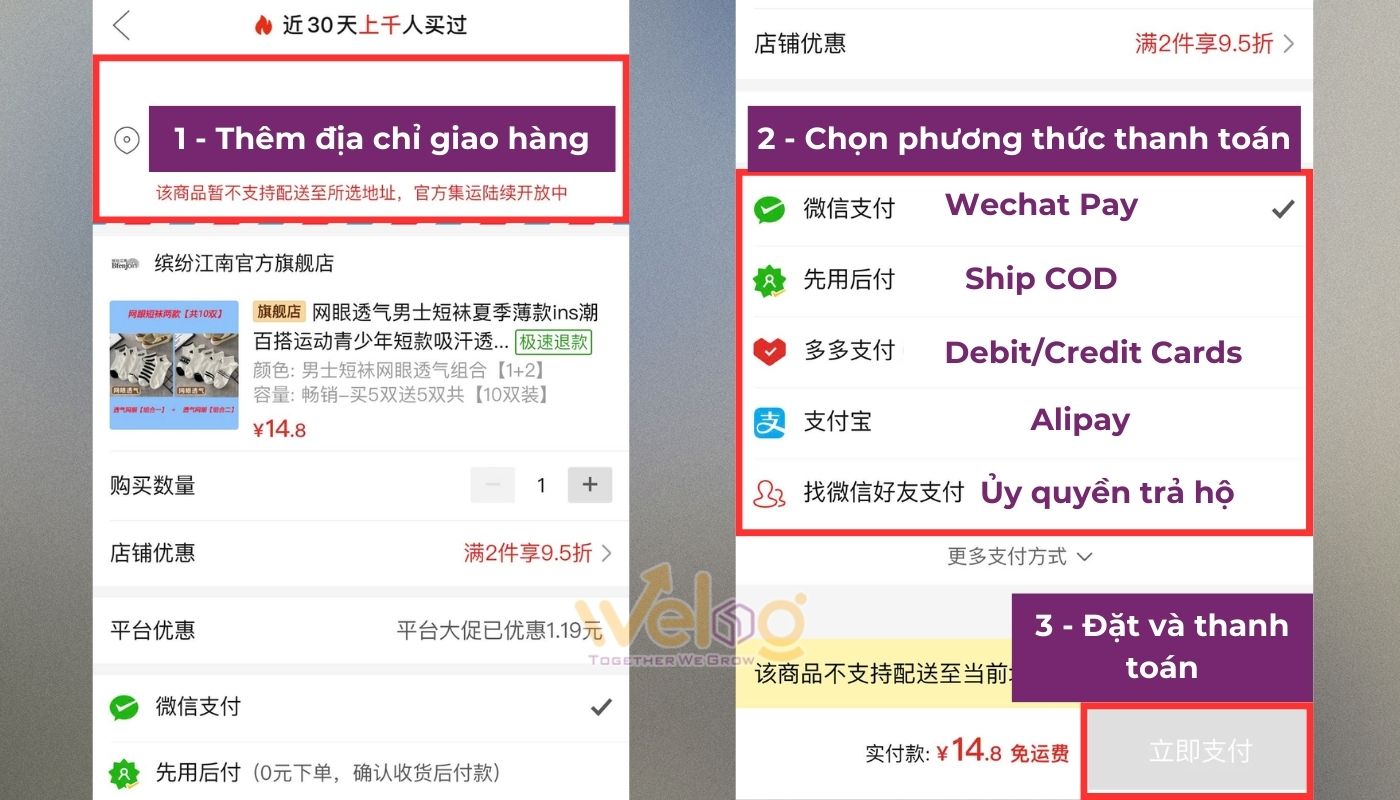 Chọn phương thức thanh toán, thêm địa chỉ và đặt hàng