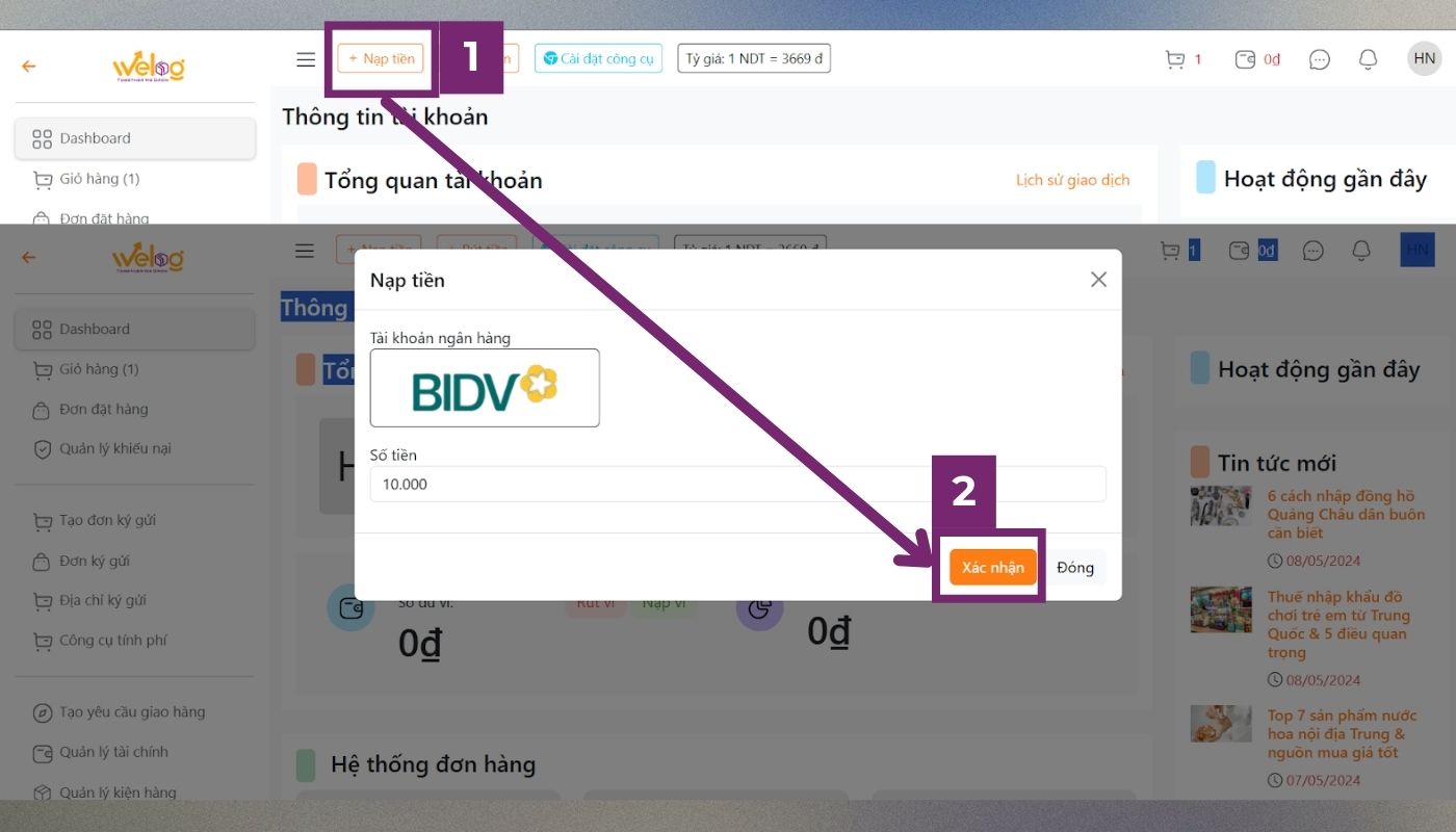 Chọn 'Nạp tiền' để thêm tiền vào ví và thanh toán tiền cọc cho đơn hàng nhập hộ từ Taobao
