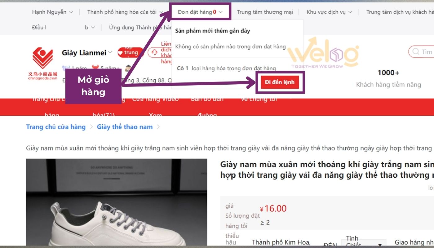 Tiến hành mở giỏ hàng Chinagoods để tạo đơn đặt hàng