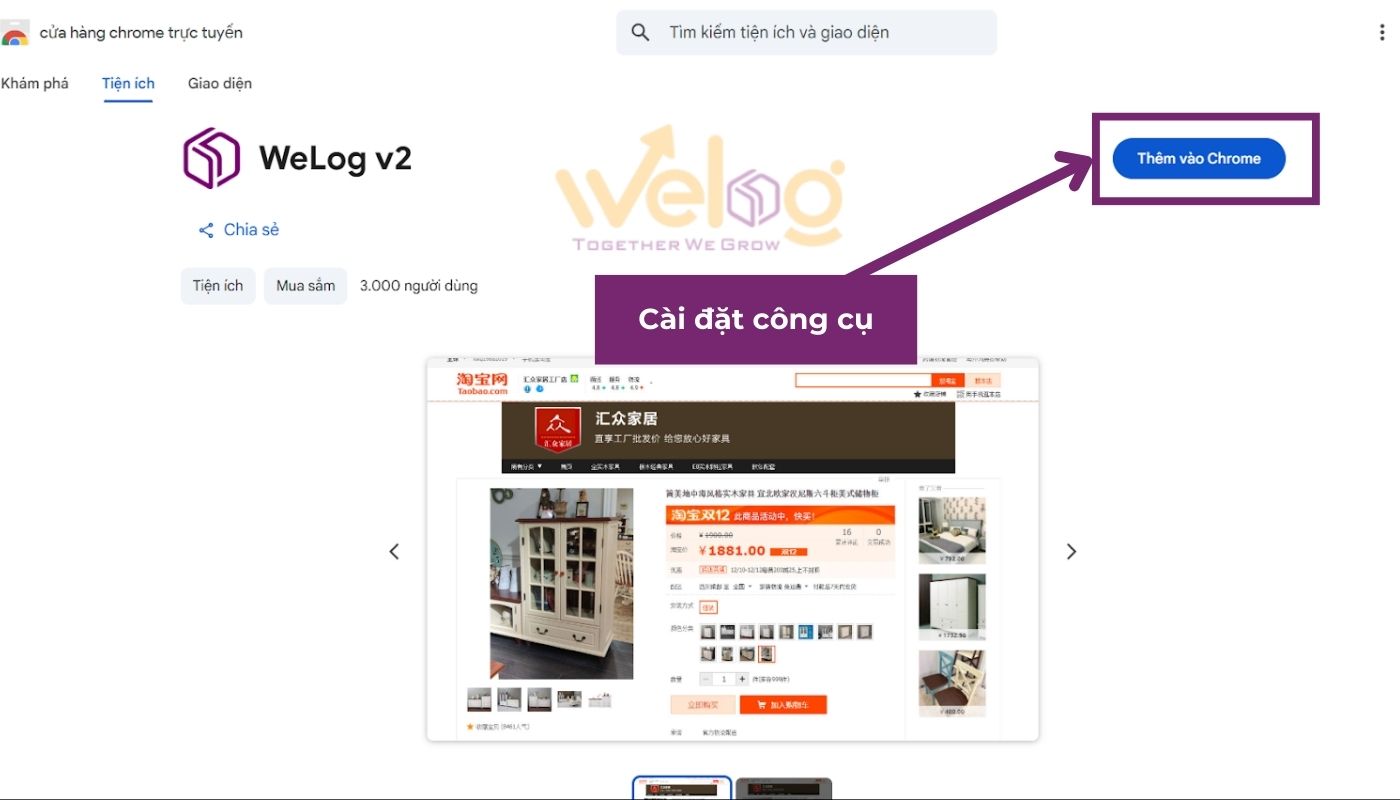 Thêm tiện ích 'WeLog V2' vào trình duyệt Chrome thông qua Cửa hàng Chrome trực tuyến
