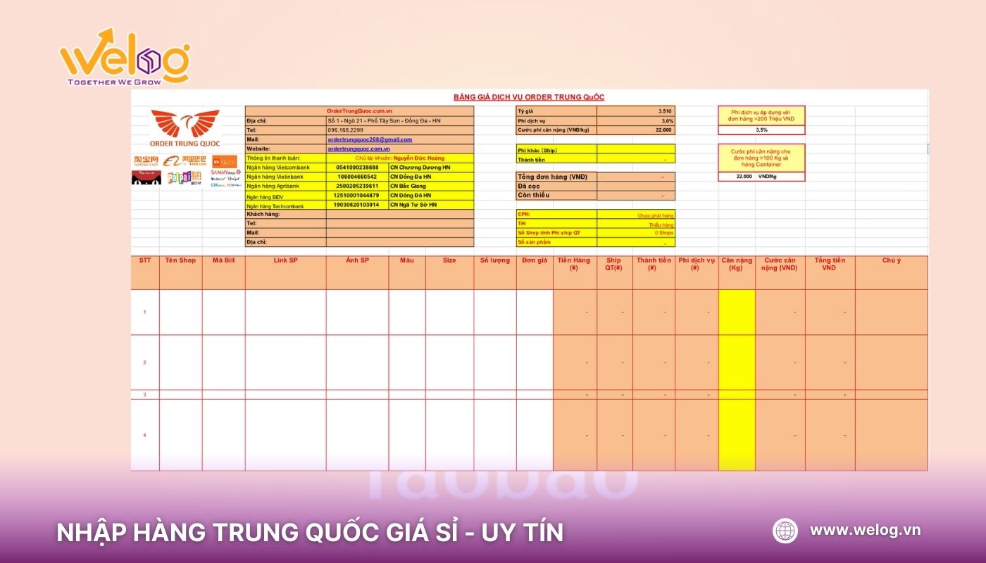Mẫu đơn đặt hàng Taobao