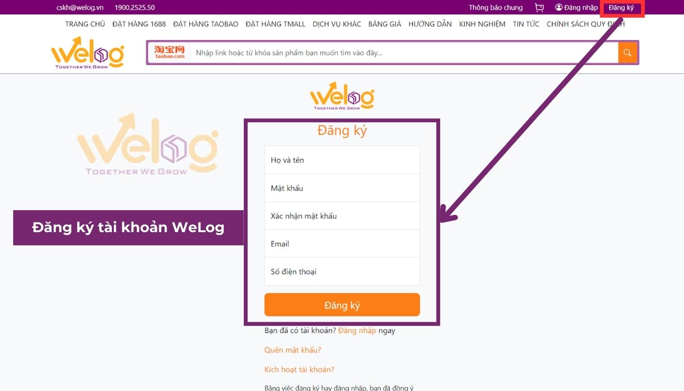 Đăng ký tài khoản khách hàng trên website WeLog chính thức