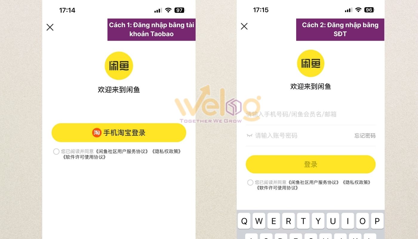 Đăng nhập tài khoản trên Xianyu bằng SĐT hoặc dùng tài khoản Taobao