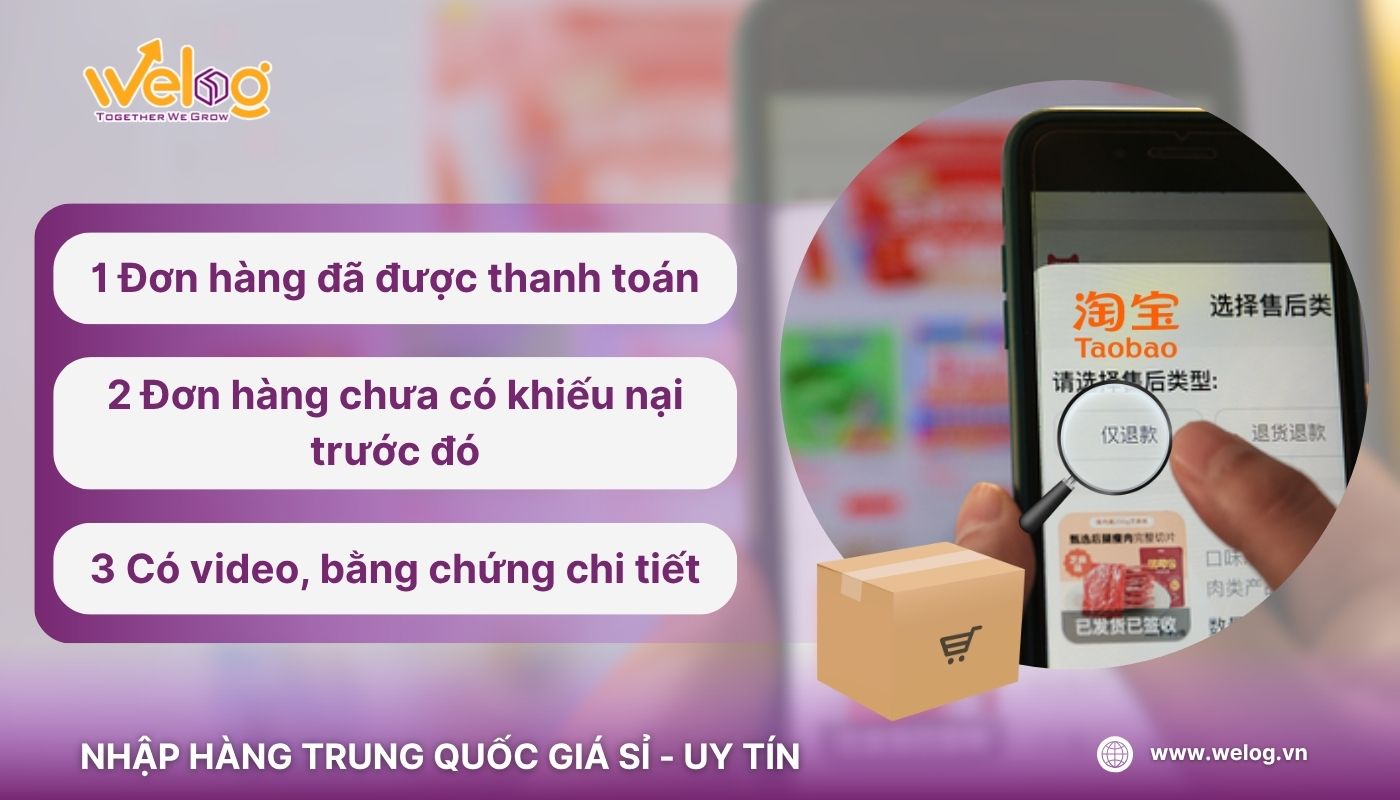 Các điều kiện bắt buộc để được khiếu nại yêu cầu hoàn tiền đơn hàng Taobao