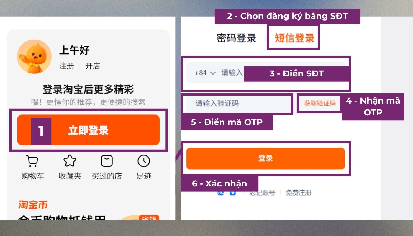 Nhấn “立即登录” rồi chọn “短信登录” để đăng ký bằng số điện thoại