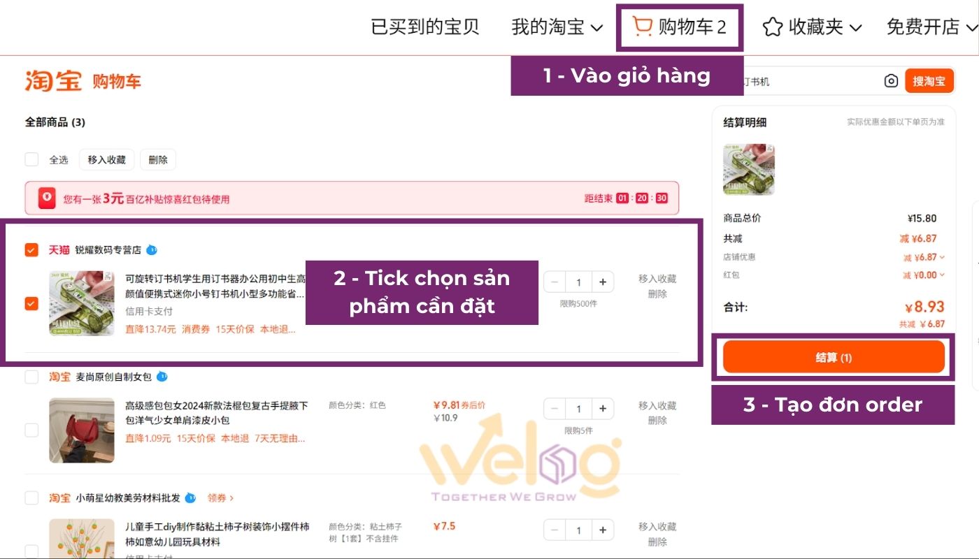 Vào giỏ hàng, chọn sản phẩm và nhấn '结算' để tiến hành tạo đơn hàng trên Taobao.com