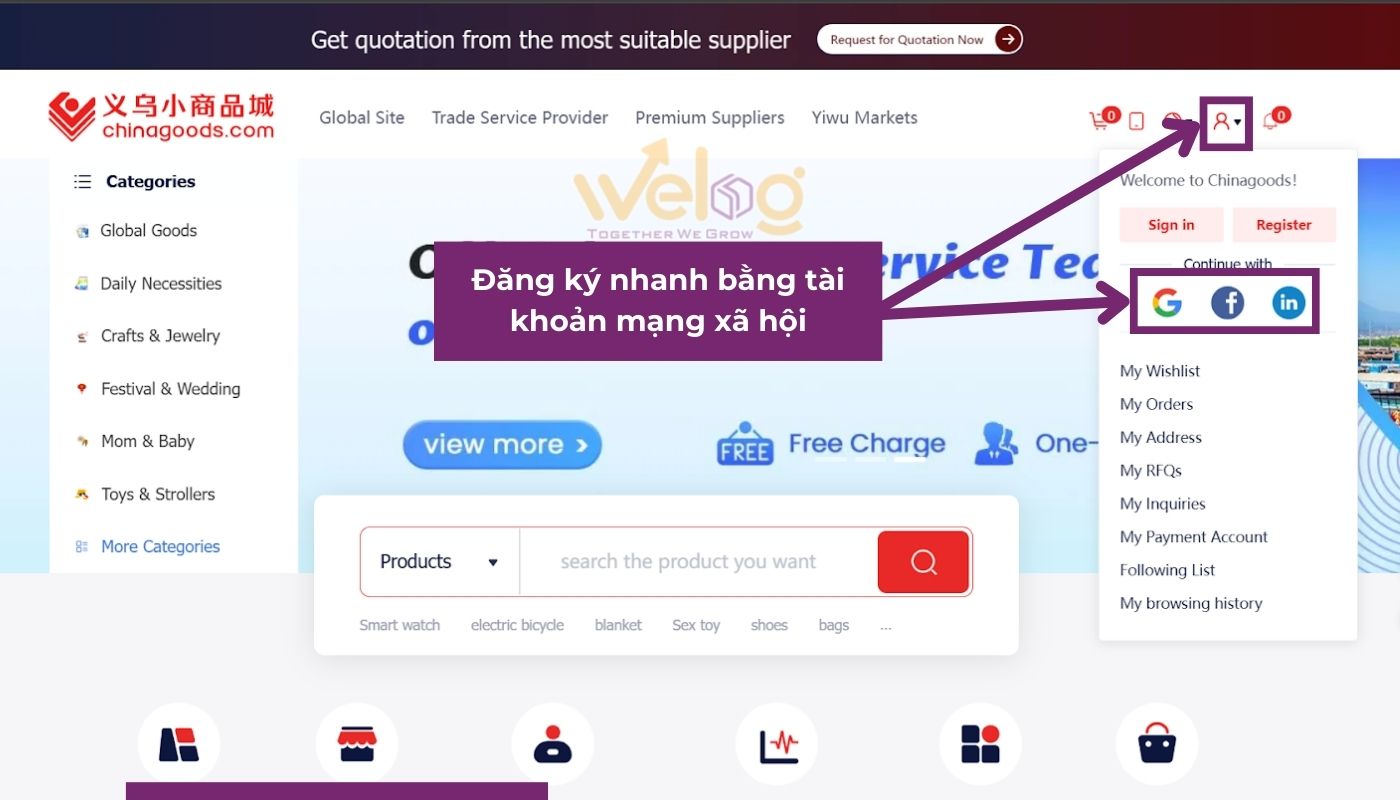 Chọn cách đăng ký tài khoản đặt hàng Chinagoods bằng Google, Facebook hay Linkedin