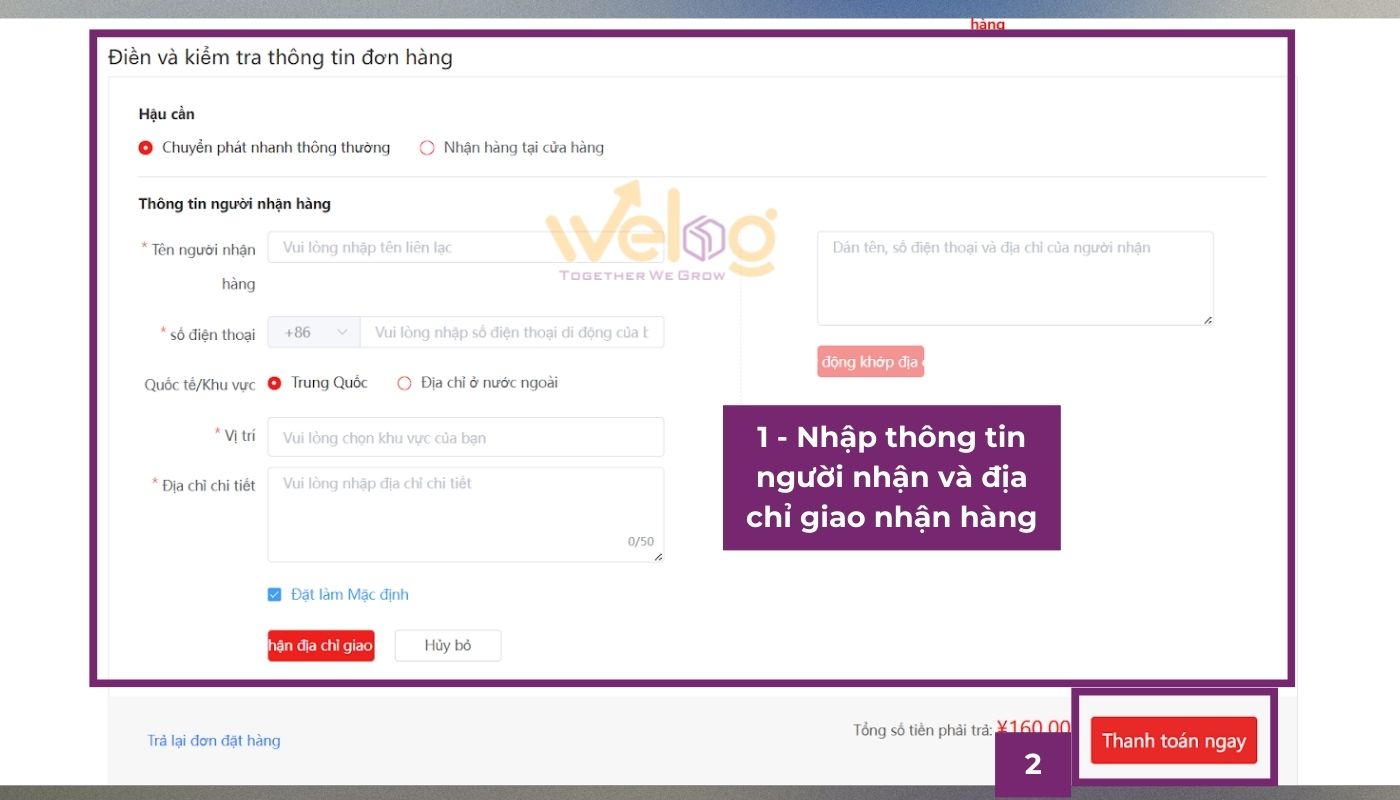 Nhập thông tin địa chỉ nhận hàng chính xác và xác nhận thanh toán đơn hàng