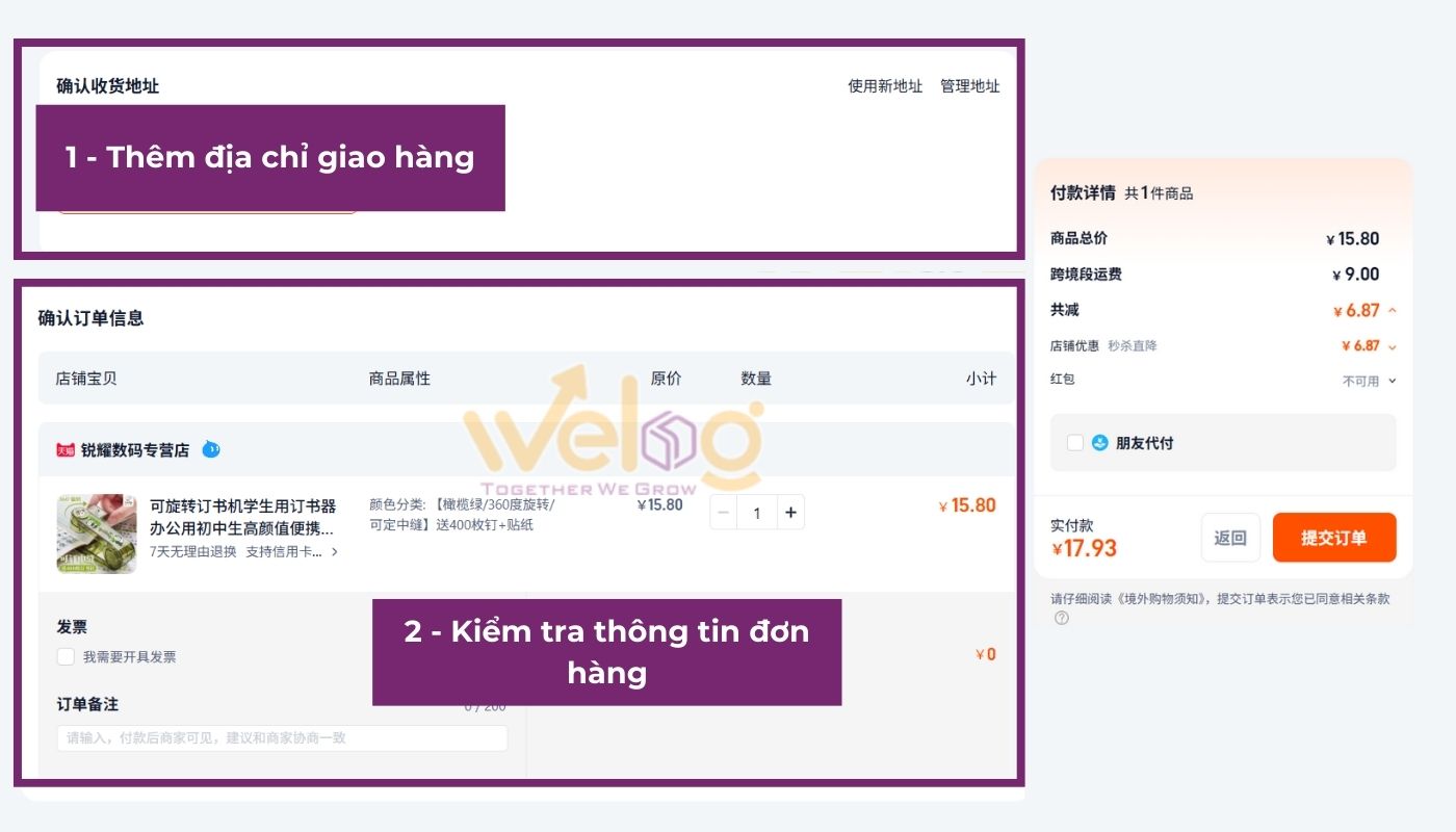 Thêm địa chỉ giao hàng và kiểm tra thông tin sản phẩm trước khi đặt hàng