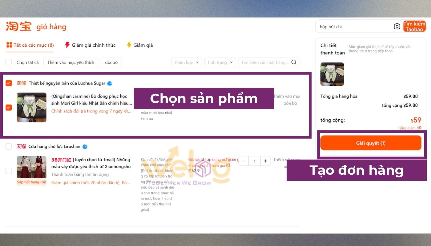 Vào giỏ hàng Taobao và chọn sản phẩm cần đặt