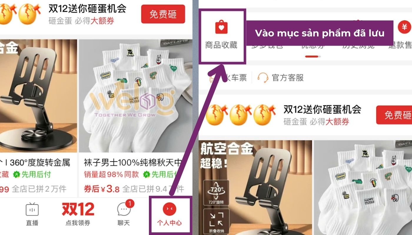 Vào mục sản phẩm đã lưu trên app Pinduoduo