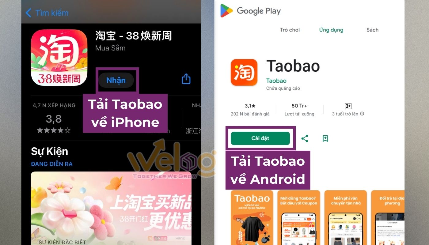 Tải app Taobao tiếng Việt trên kho Appstore hoặc CHPlay