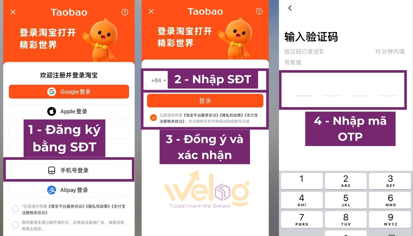 Điền SĐT và mã OTP để tạo tài khoản app Taobao tiếng Việt
