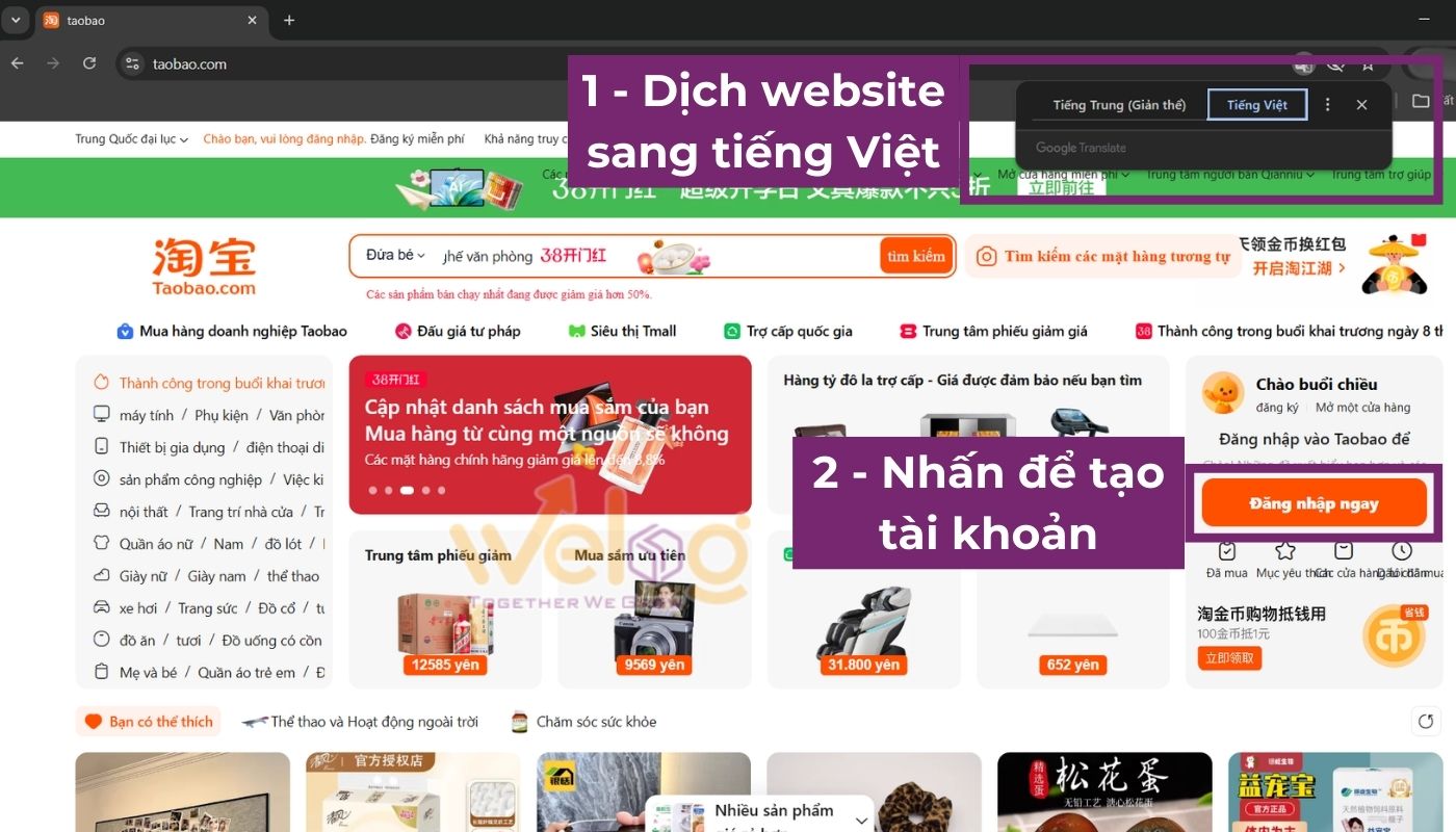 Dịch website Taobao tiếng Việt và chọn đăng nhập