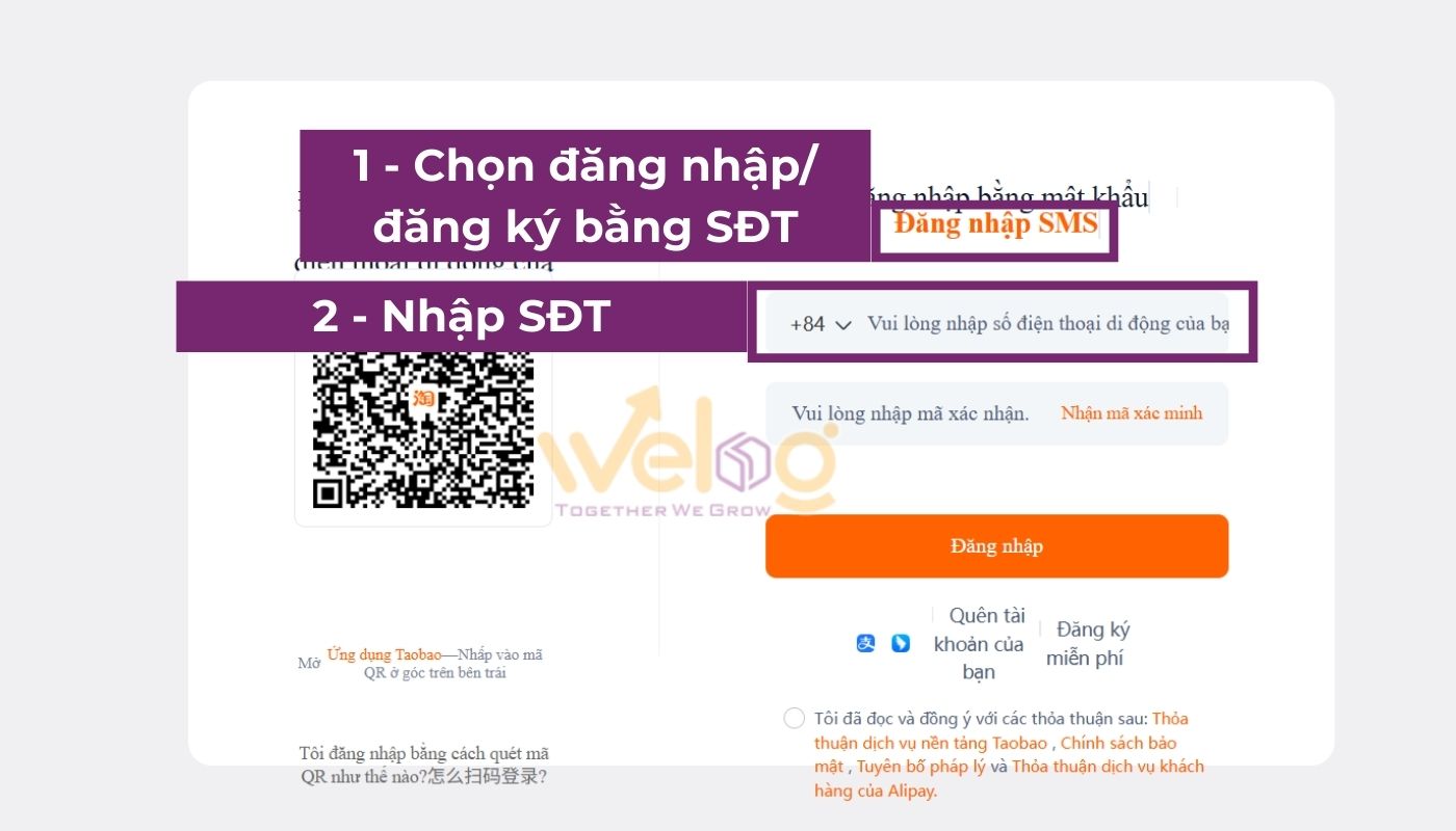 Nhập SĐT đăng ký Taobao tiếng Việt