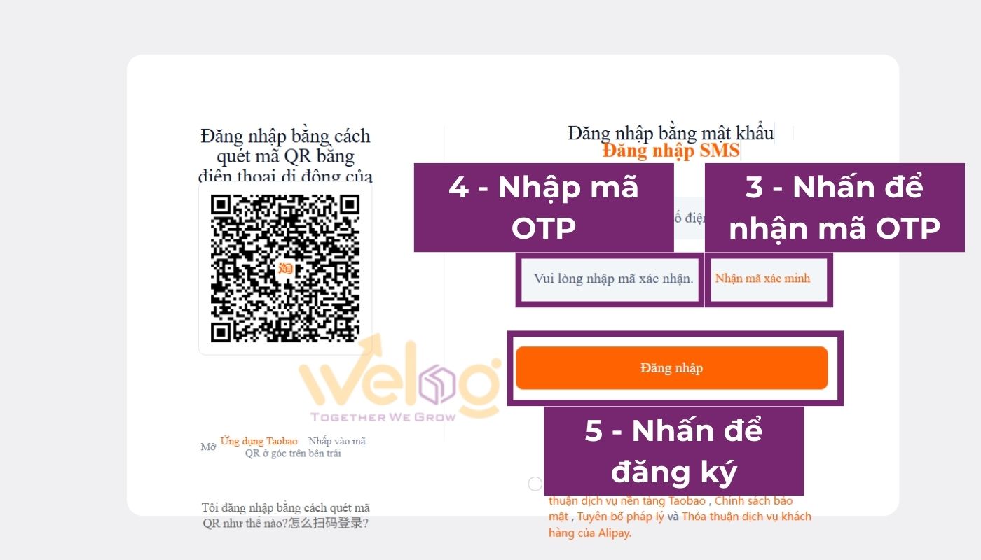Nhập mã OTP để tạo tài khoản Taobao tiếng Việt trên máy tính